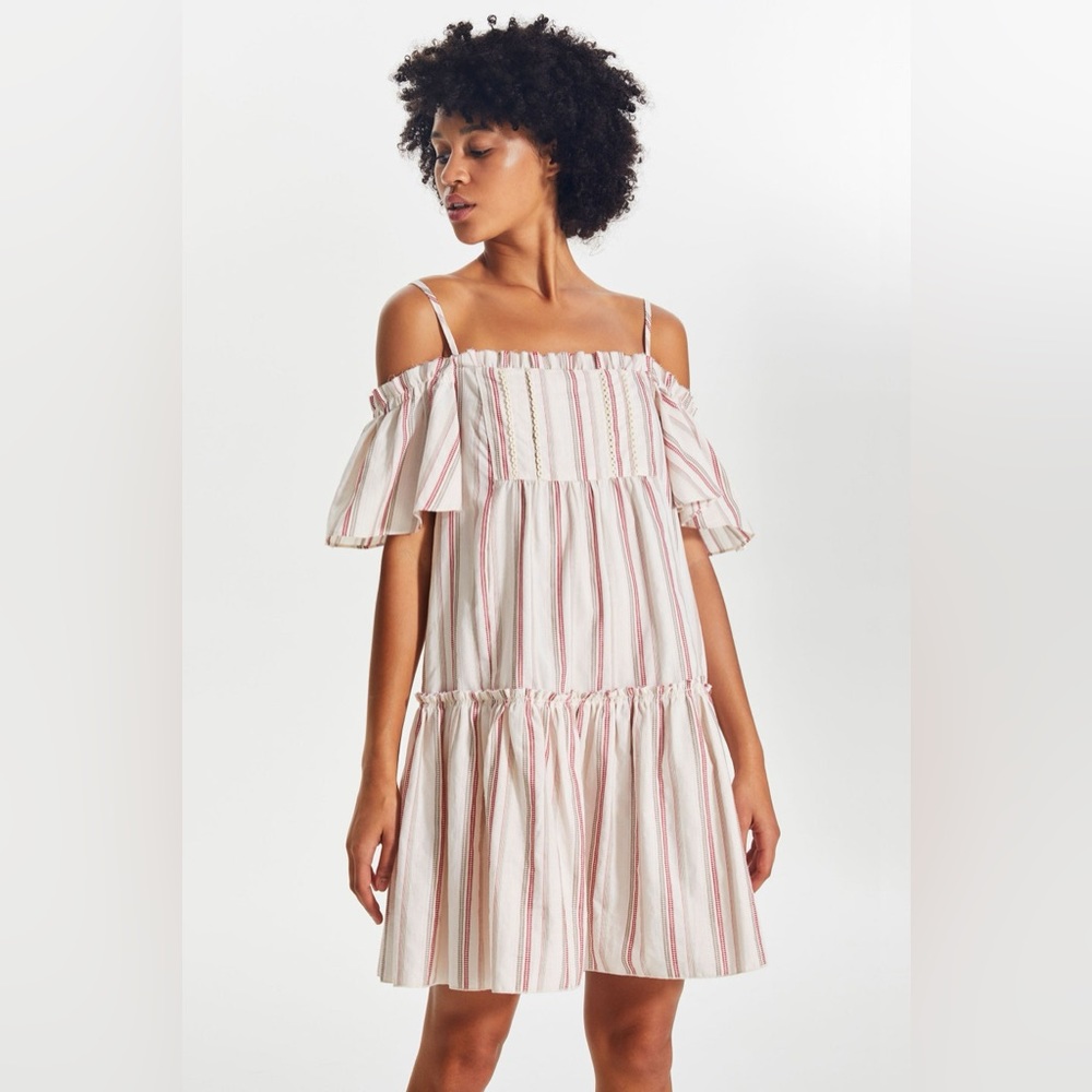 Lemlem Cotton Striped Cold Shoulder Mini Dress Boho Pullover White Size S